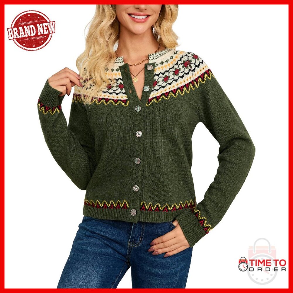 Fair Isle Chunky Knit Cardigan Long Sleeve Button Down Sweater